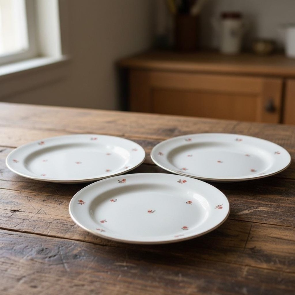 Homer Laughlin Nautilus "Cardinal" Dinner Plates, Set of 3, Cunningham & Pickett